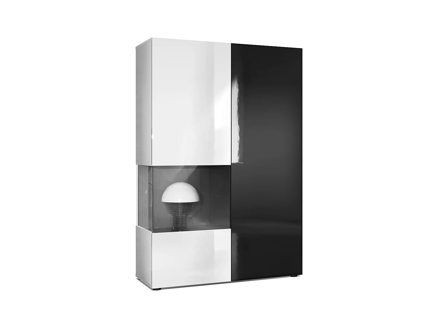 Vitrina Cómoda Morena, cuerpo en blanco mate/ puerta derecha e inserción en negro de alto brillo