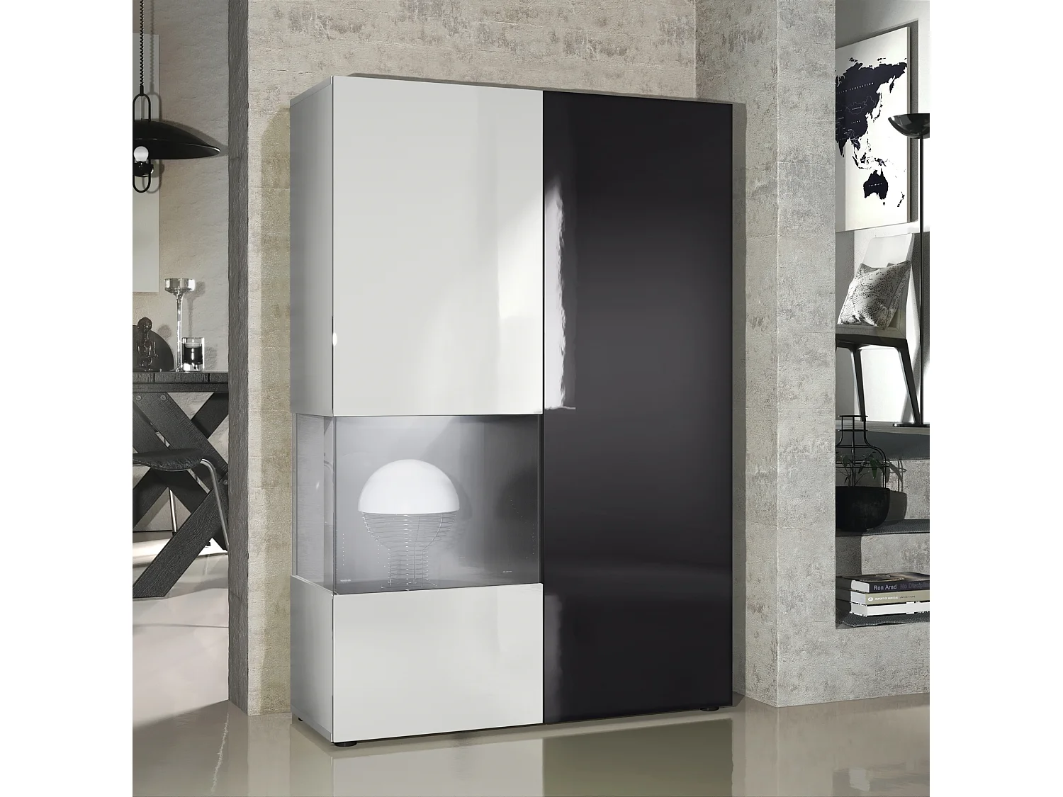 Armadio espositivo alto Morena, struttura in bianco opaco / anta destra e inserto in nero lucido