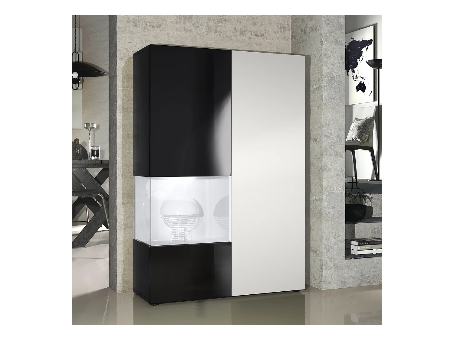 Vitrine Armoire Morena, Corps en Noir mat / Porte droite et insert en Blanc mat avec éclairage LED