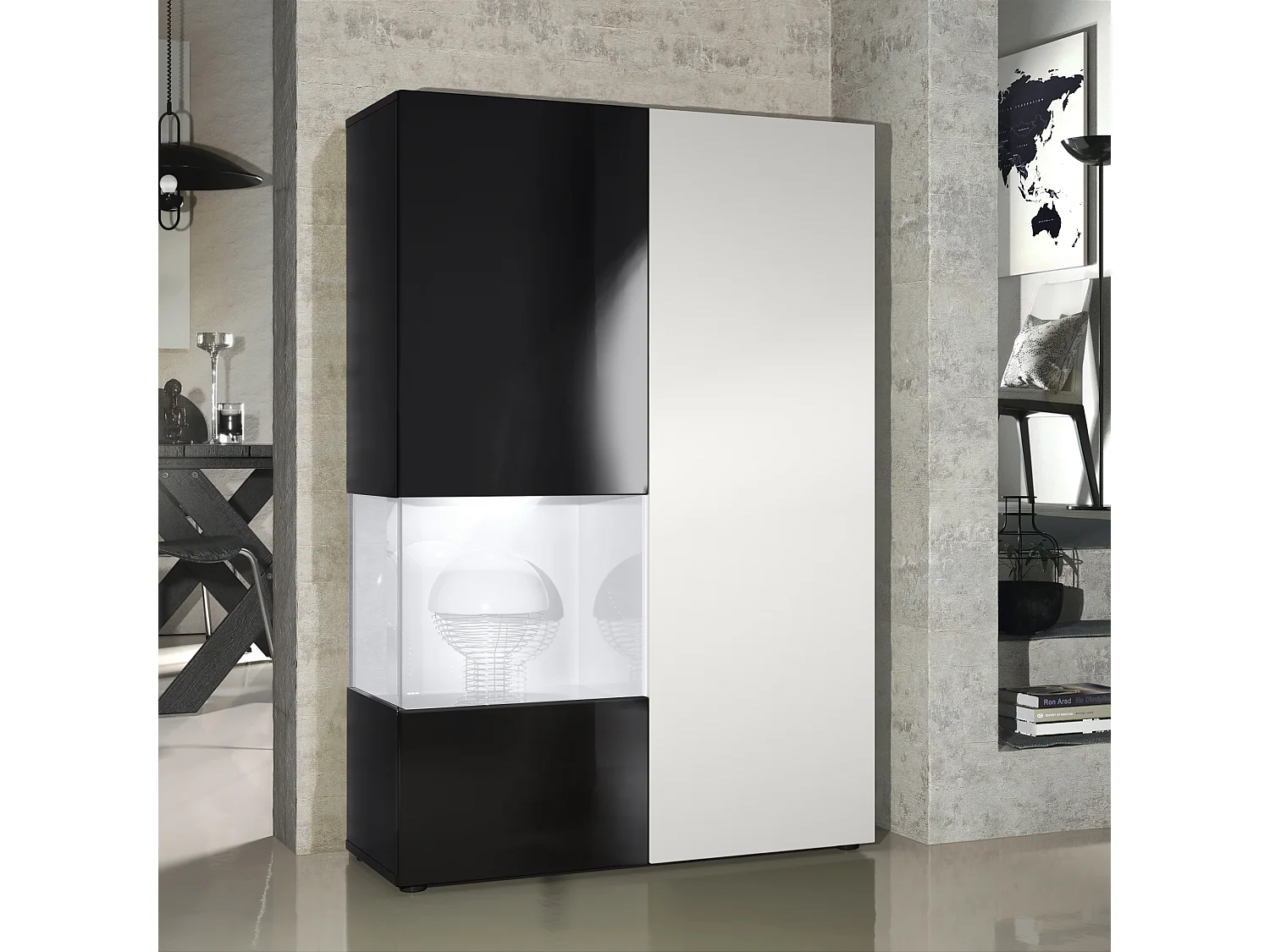 Armadio espositivo alto Morena, struttura in nero opaco / anta destra e inserto in bianco opaco con illuminazione a LED