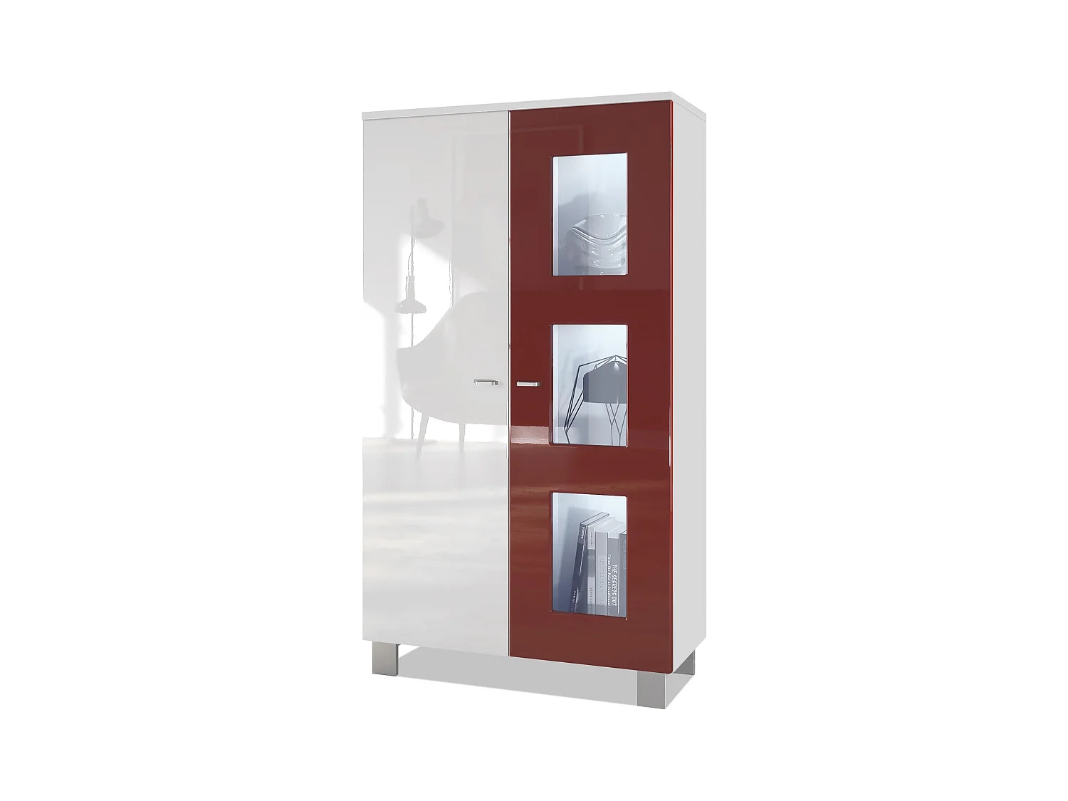 Vitrine de salon Denjo, Vitrine sur pied avec 2 portes et 3 vitres, Blanc mat/Blanc brillant/Bordeaux brillant, éclairage LED inclus (71 x 129 x 35 cm)