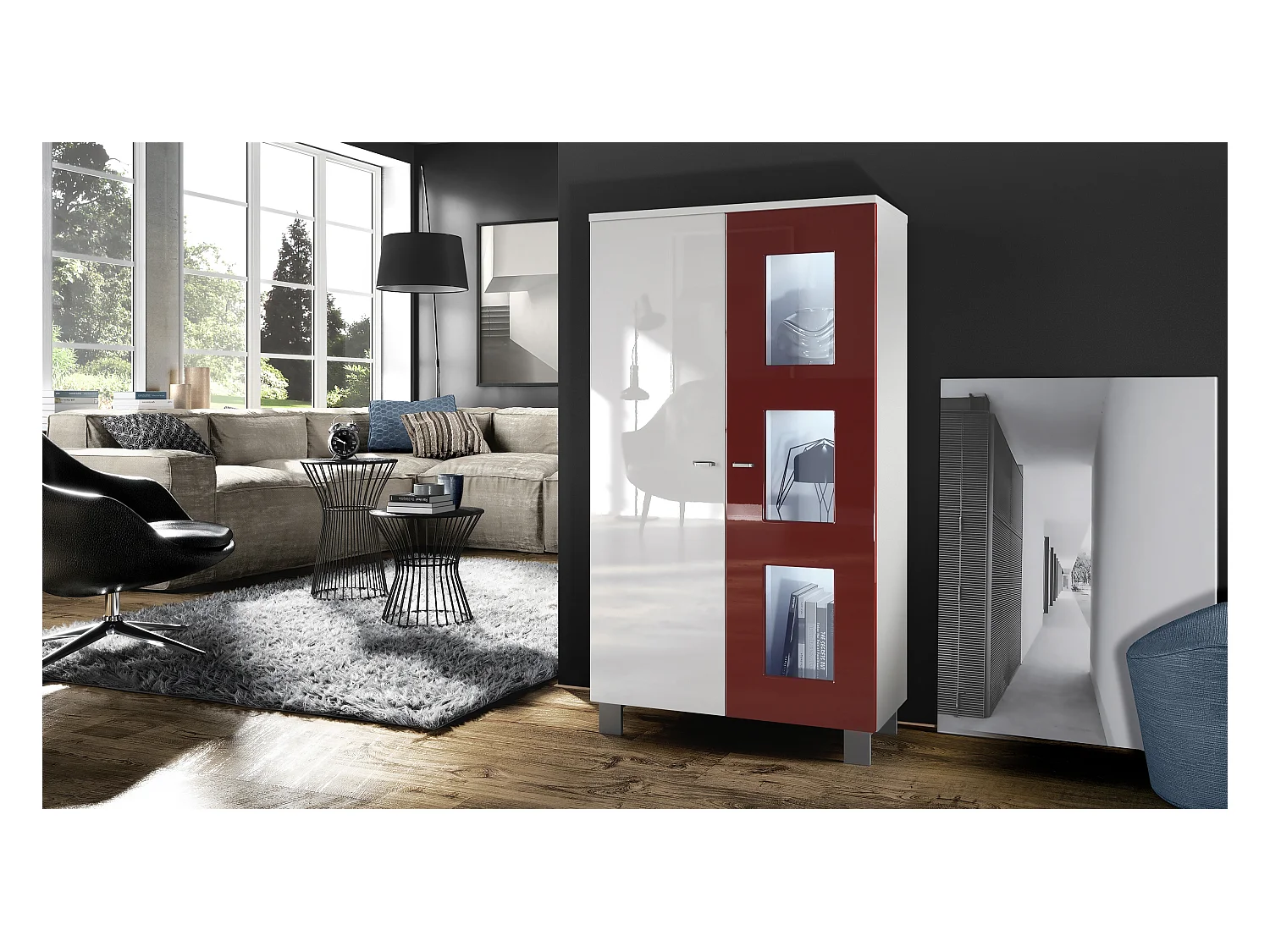 Vitrine de salon Denjo, Vitrine sur pied avec 2 portes et 3 vitres, Blanc mat/Blanc brillant/Bordeaux brillant, éclairage LED inclus (71 x 129 x 35 cm)
