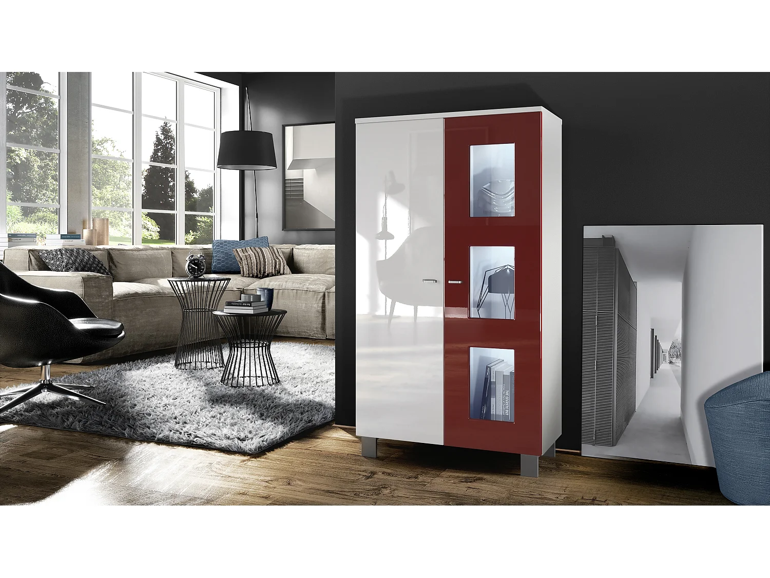 Vetrina  Denjo, vetrina indipendente con 2 ante e 3 pannelli in vetro, bianco opaco/bianco lucido/bordeaux lucido, illuminazione a LED inclusa.
