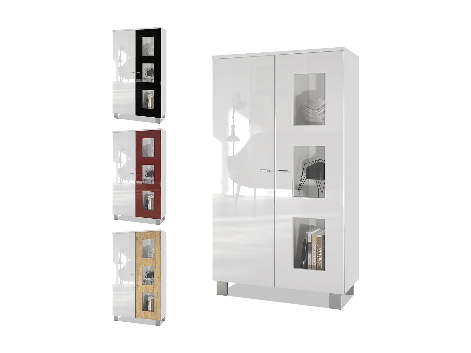 Vetrina  Denjo, vetrina indipendente con 2 ante e 3 pannelli in vetro, bianco opaco/bianco lucido/bordeaux lucido, illuminazione a LED inclusa.