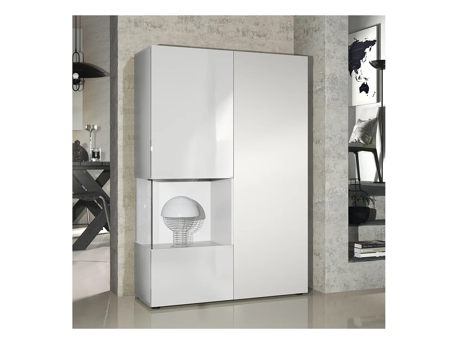 Vitrine Armoire Morena, Corps en Blanc mat / Porte droite et insert en Blanc mat