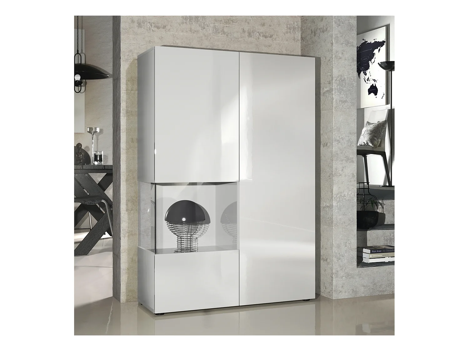 Vitrine Armoire Morena, Corps en Blanc mat / Porte droite et insert en Blanc haute brillance