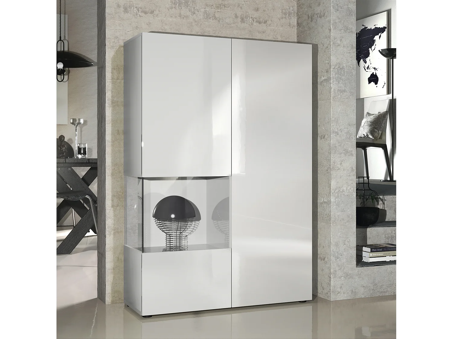 Armadio espositivo alto Morena, Struttura in bianco opaco / Ante e inserti in bianco lucido