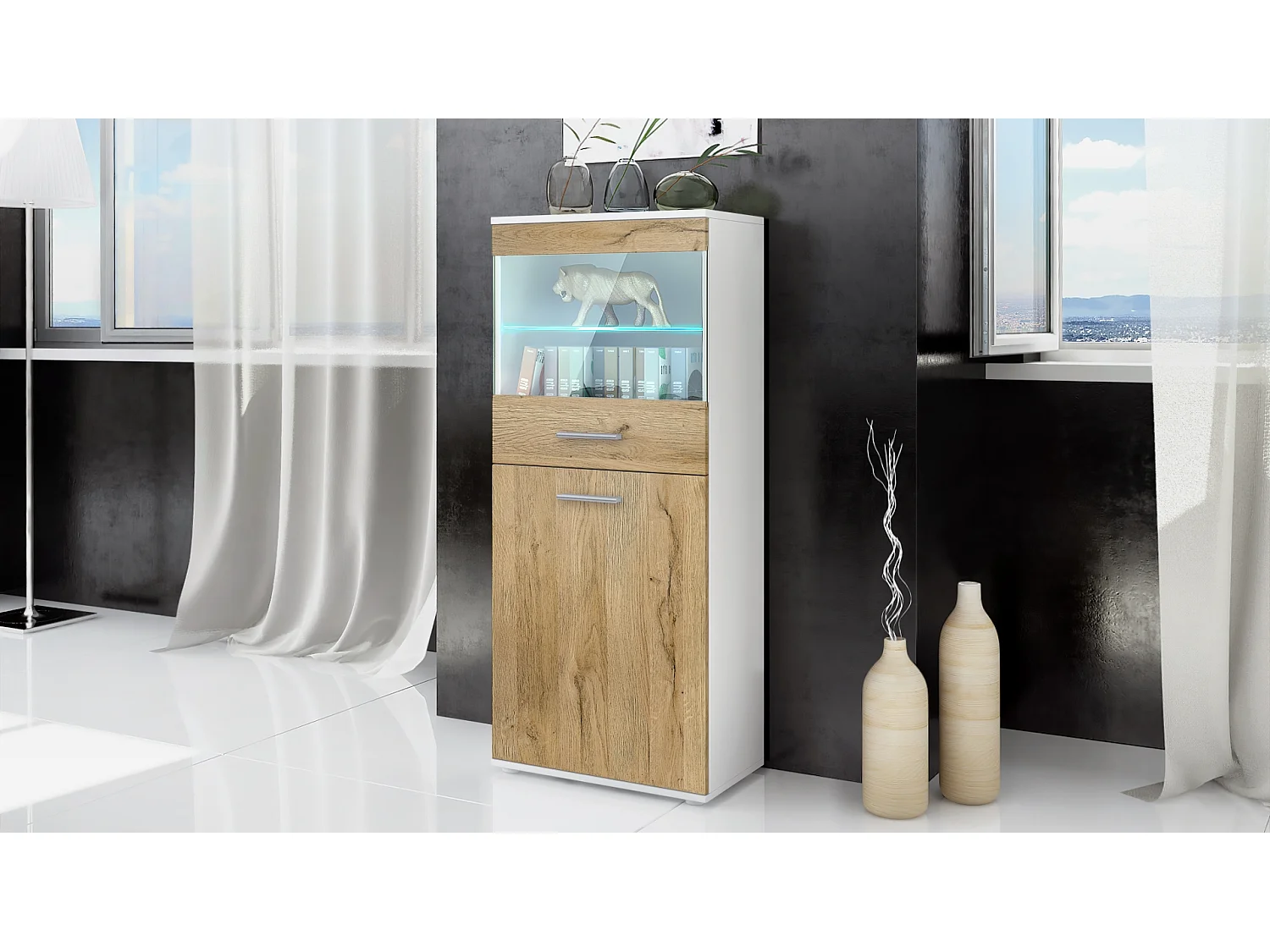 Vitrine de salon Almada, Vitrine sur pied avec 2 portes, 4 compartiments et 1 vitre, Blanc mat/Chêne Nature (53 x 125 x 30 cm)