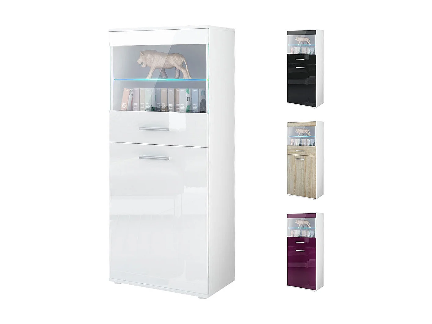 Vitrine de salon Almada, Vitrine sur pied avec 2 portes, 4 compartiments et 1 vitre, Blanc mat/Chêne Nature (53 x 125 x 30 cm)