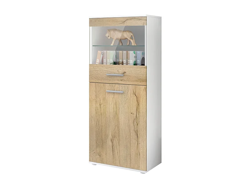 Vitrine de salon Almada, Vitrine sur pied avec 2 portes, 4 compartiments et 1 vitre, Blanc mat/Chêne Nature (53 x 125 x 30 cm)