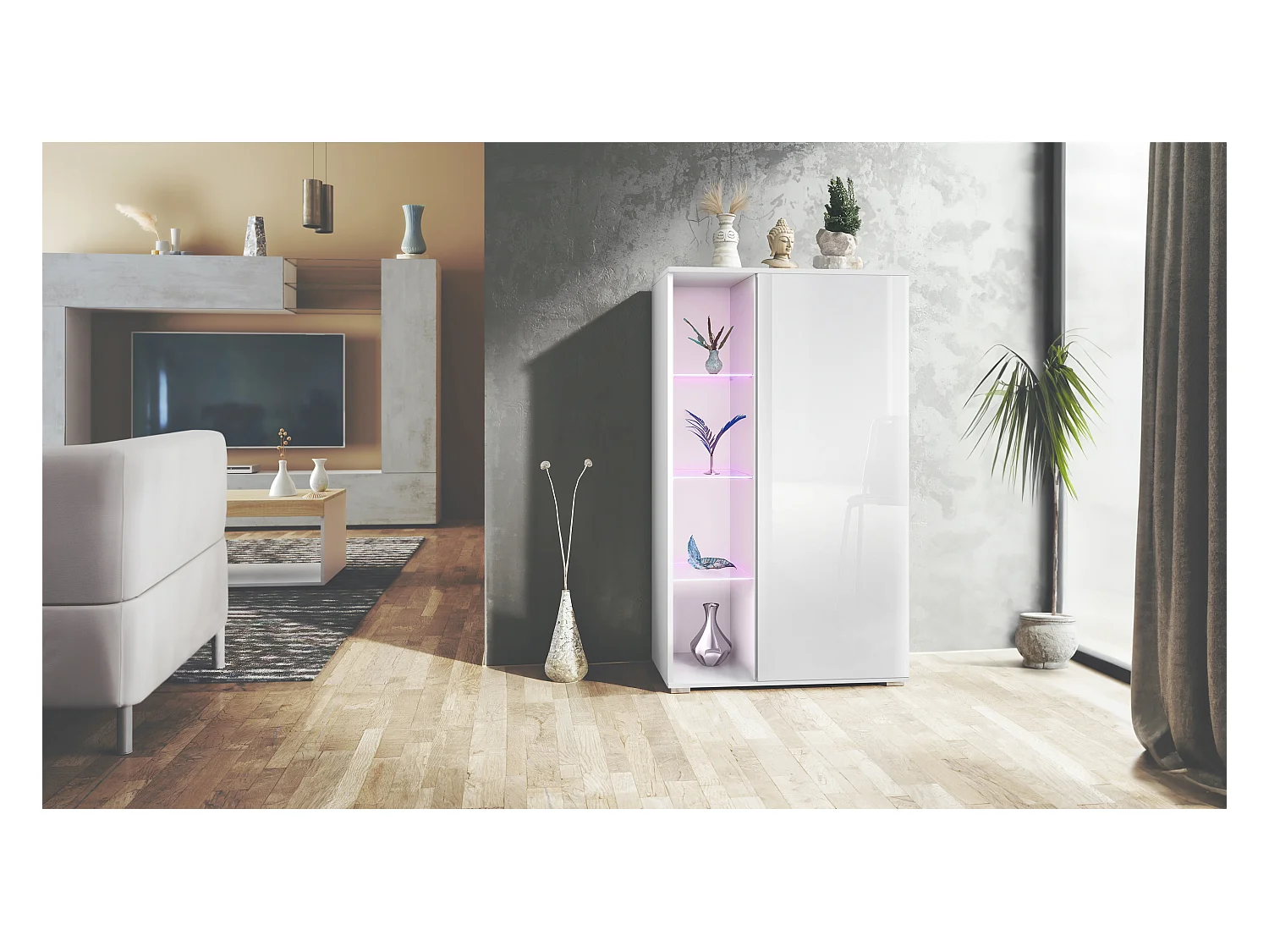 Vitrina Davos, vitrina independiente con 3 estantes de cristal y 8 compartimentos incl. LED, blanco mate/blanco de alto brillo  (71,5 x 134 x 35 cm)