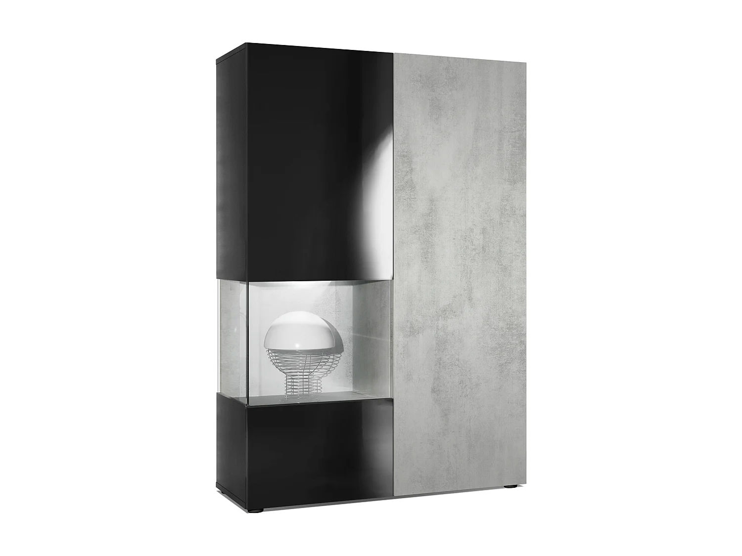 Vitrine Armoire Morena, Corps en Noir mat / Porte droite et insert en Aspect Béton Oxyde avec éclairage LED