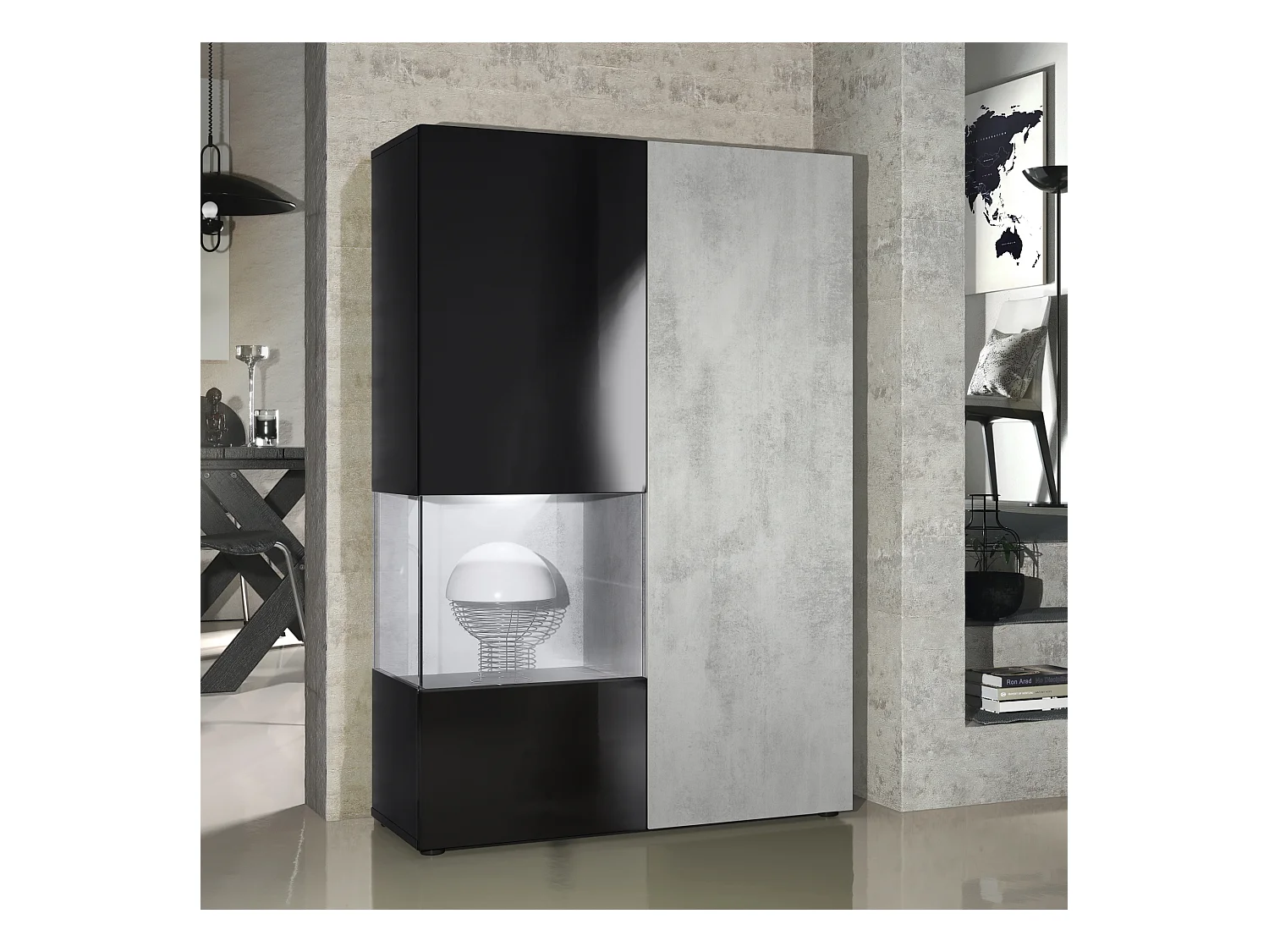 Vitrine Armoire Morena, Corps en Noir mat / Porte droite et insert en Aspect Béton Oxyde avec éclairage LED
