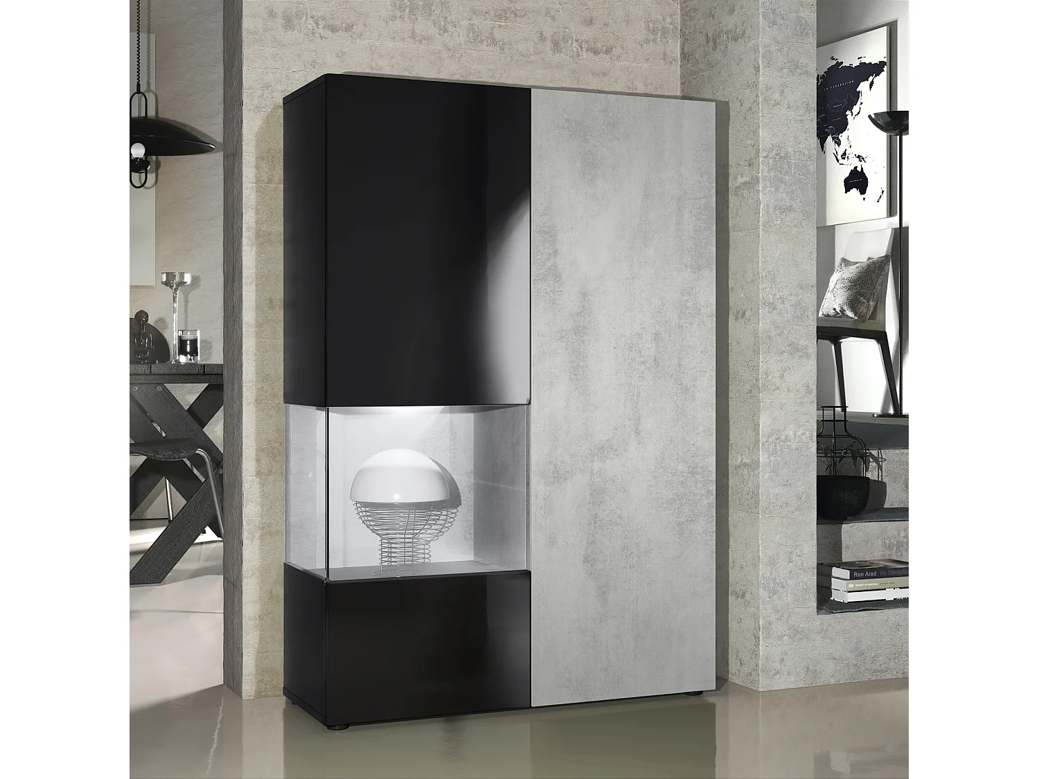 Vetrina alta Armadio Morena, struttura in nero opaco / anta destra e inserto in grigio cemento ossidato con illuminazione a LED
