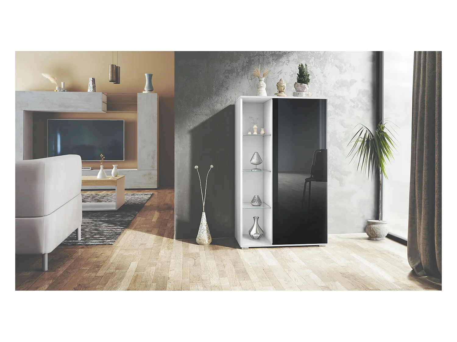 Vitrina Davos, vitrina independiente con 3 estantes de cristal y 8 compartimentos, blanco mate/negro de alto brillo  (71,5 x 134 x 35 cm)