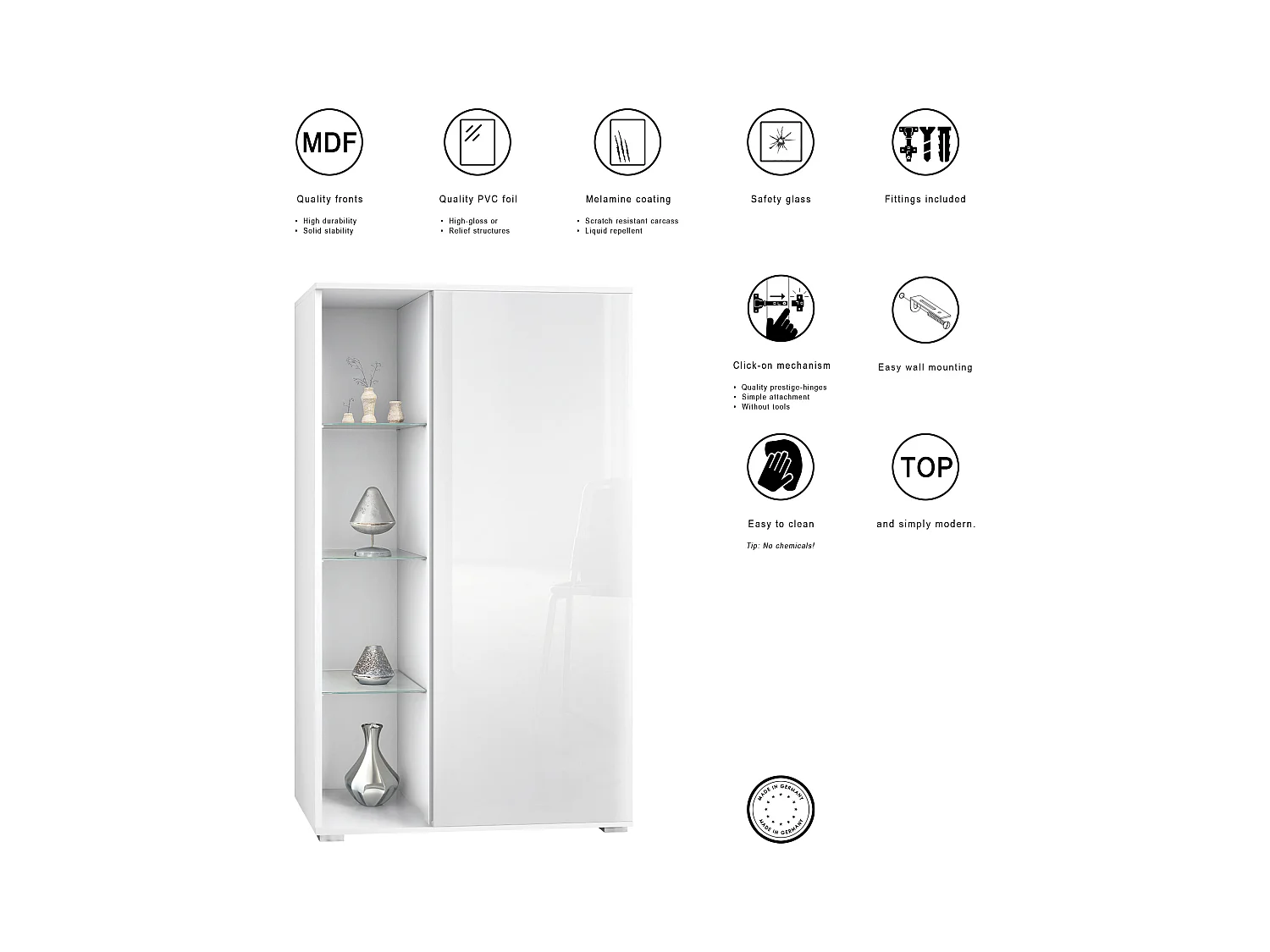 Vitrina Davos, vitrina independiente con 3 estantes de cristal y 8 compartimentos, blanco mate/negro de alto brillo  (71,5 x 134 x 35 cm)