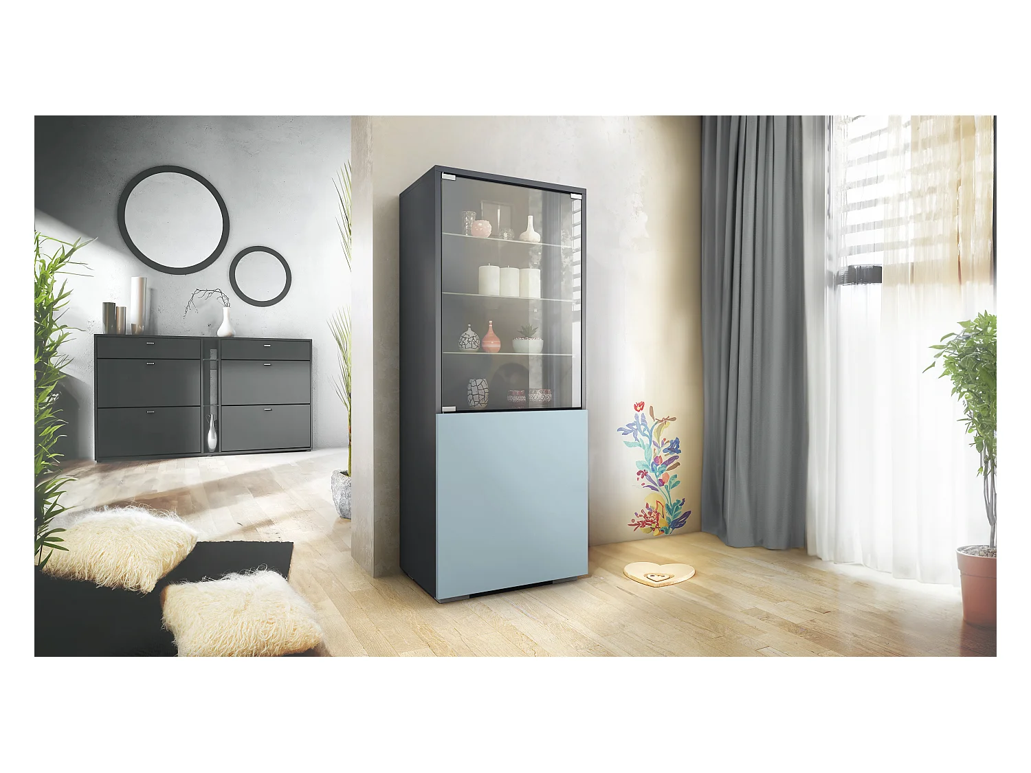 Vitrine Granada de , Armoire Vitrée Made in Germany avec Porte en Verre et Insert en Verre, anthracite mat/denim mat (50 x 122,5 x 34,5 cm)