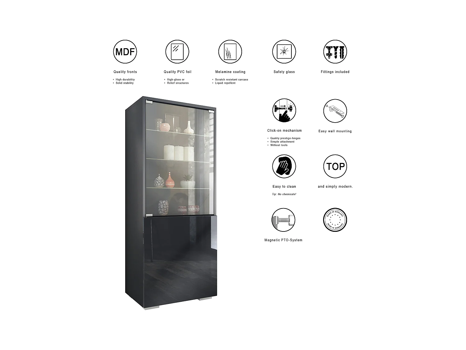 Vitrine Granada de , Armoire Vitrée Made in Germany avec Porte en Verre et Insert en Verre, anthracite mat/denim mat (50 x 122,5 x 34,5 cm)