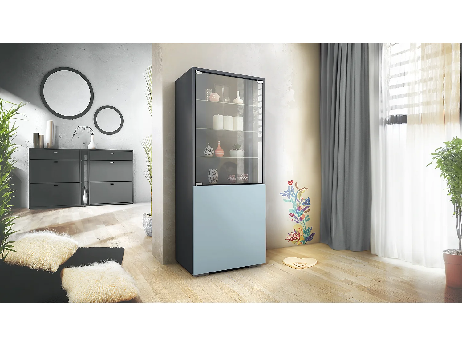 Vetrina Granada di Vladon, Armadio Vetrina Made in Germany con Porta in Vetro e Inserto in Vetro, antracite opaco /denim opaco (50 x 122,5 x 34,5 cm)