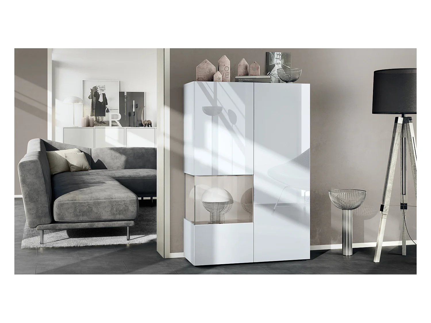 Vitrine Morena V2, vitrine sur pied avec 2 portes et insert en verre, corps blanc mat, façades blanc haute brillance, Cube gris sable haute brillance