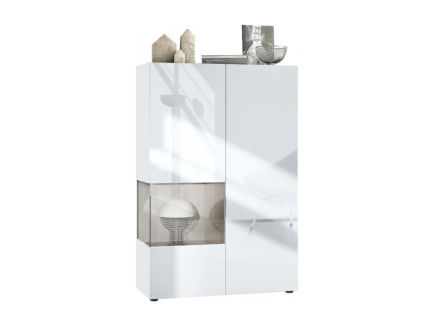 Vetrina Vladon Morena V2, vetrina a pavimento, mobile bianco opaco, frontali bianco lucido, cubo grigio sabbia lucido  (91,5 x 136,5 x 37 cm)