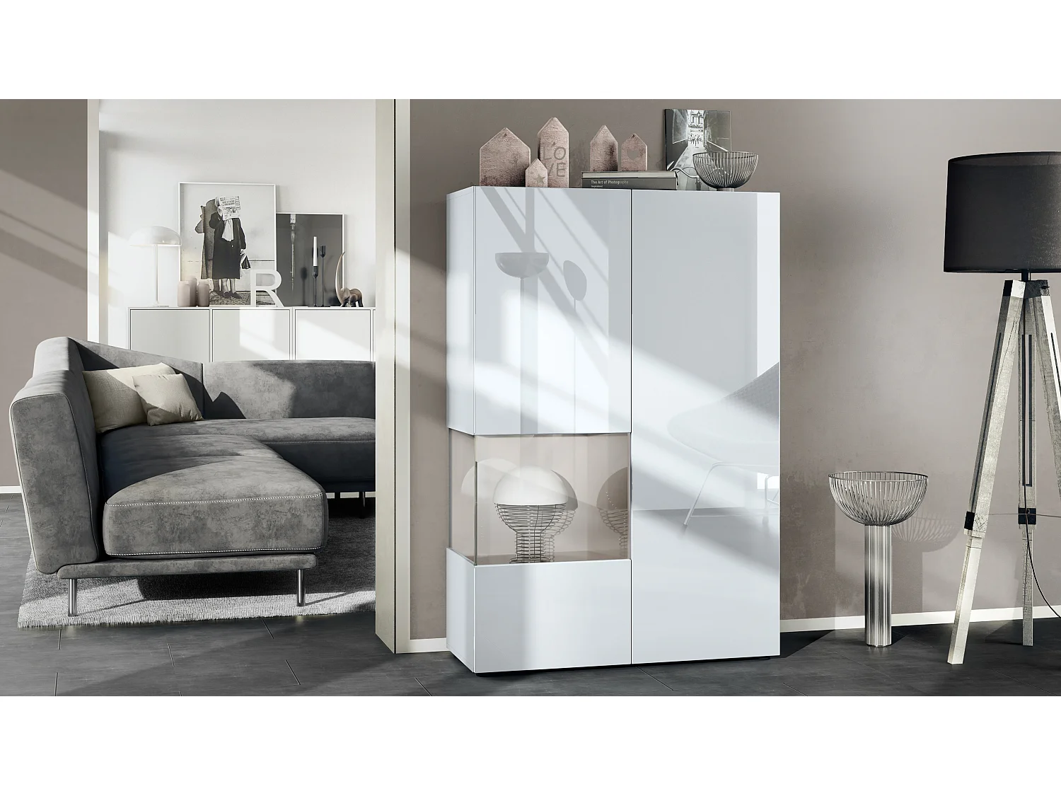 Vetrina Vladon Morena V2, vetrina a pavimento, mobile bianco opaco, frontali bianco lucido, cubo grigio sabbia lucido  (91,5 x 136,5 x 37 cm)