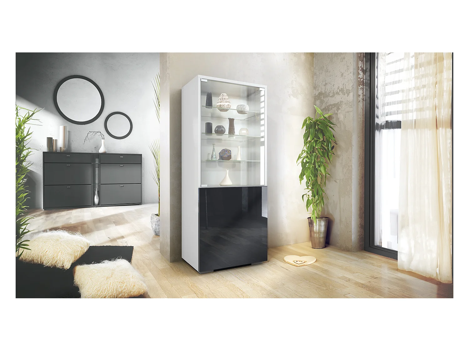 Vitrine Granada, Armoire Vitrée Made in Germany, avec Porte en Verre et Insert en Verre, blanc mat/noir haute brillance (50 x 122,5 x 34,5 cm)