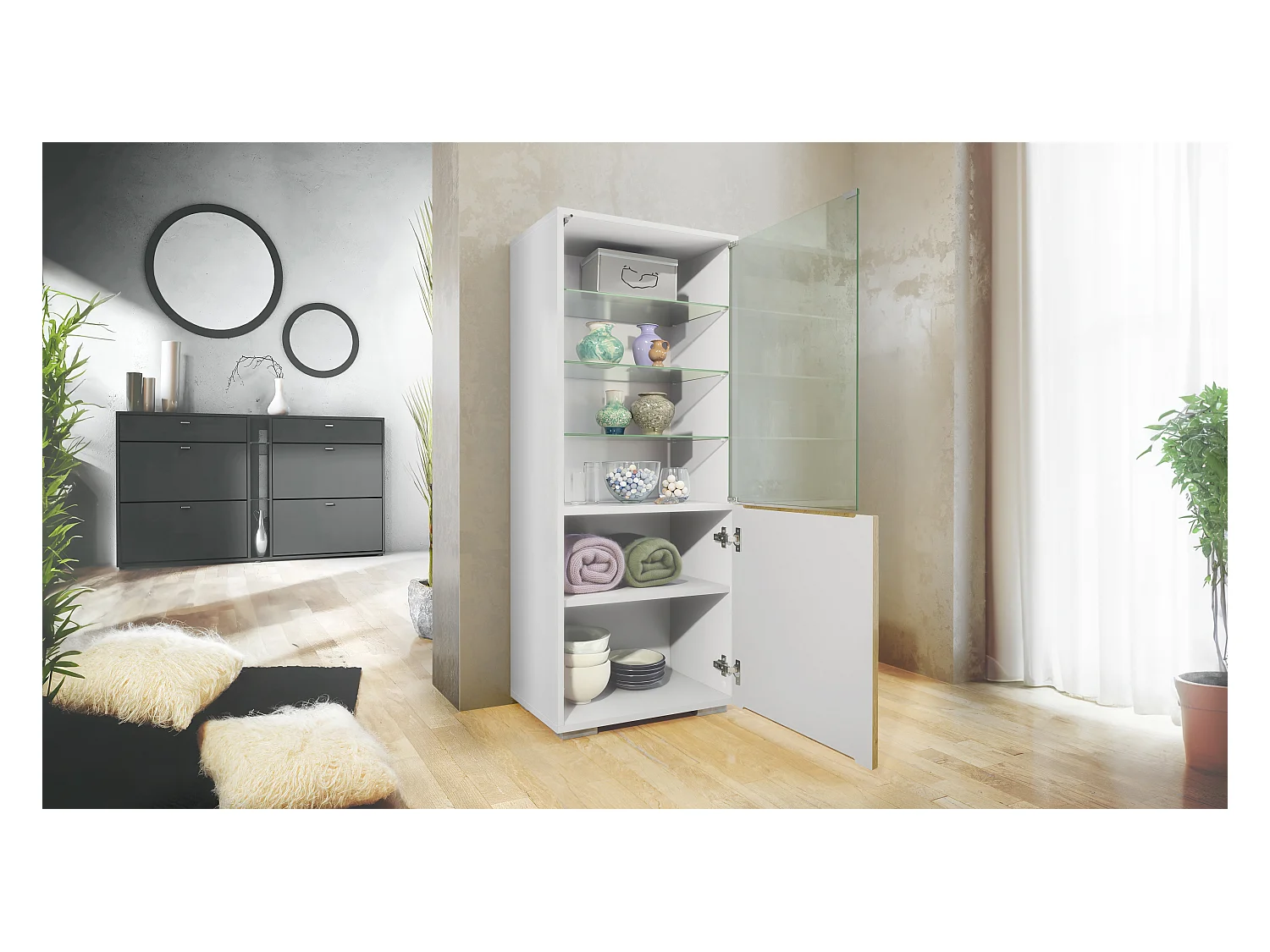 Vitrine Granada, Armoire Vitrée Made in Germany, avec Porte en Verre et Insert en Verre, blanc mat/noir haute brillance (50 x 122,5 x 34,5 cm)