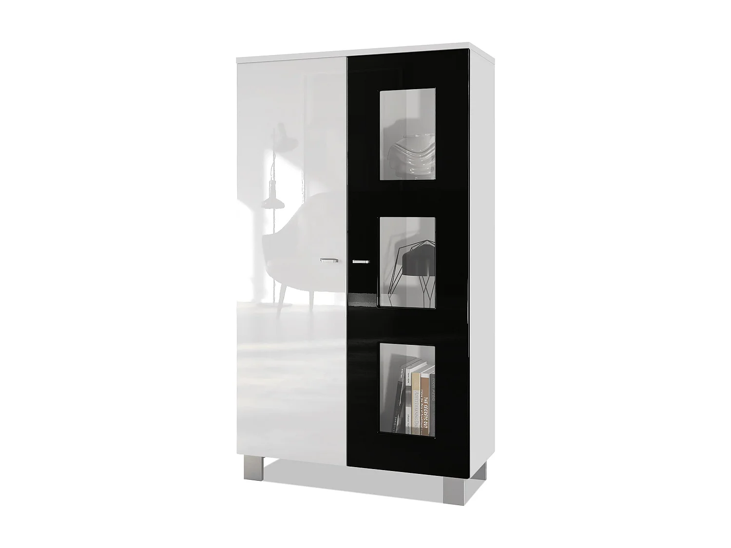 Vitrine de salon Denjo, Vitrine sur pied avec 2 portes et 3 vitres, Blanc mat/Blanc haute brillance/Noir haute brillance (71 x 129 x 35 cm)