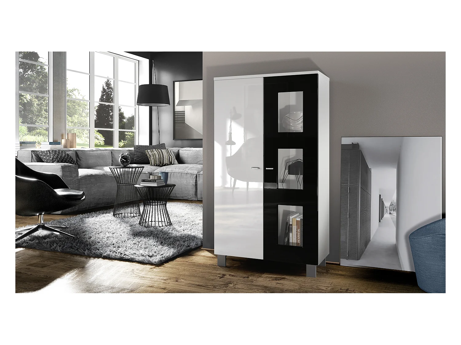 Vitrine de salon Denjo, Vitrine sur pied avec 2 portes et 3 vitres, Blanc mat/Blanc haute brillance/Noir haute brillance (71 x 129 x 35 cm)