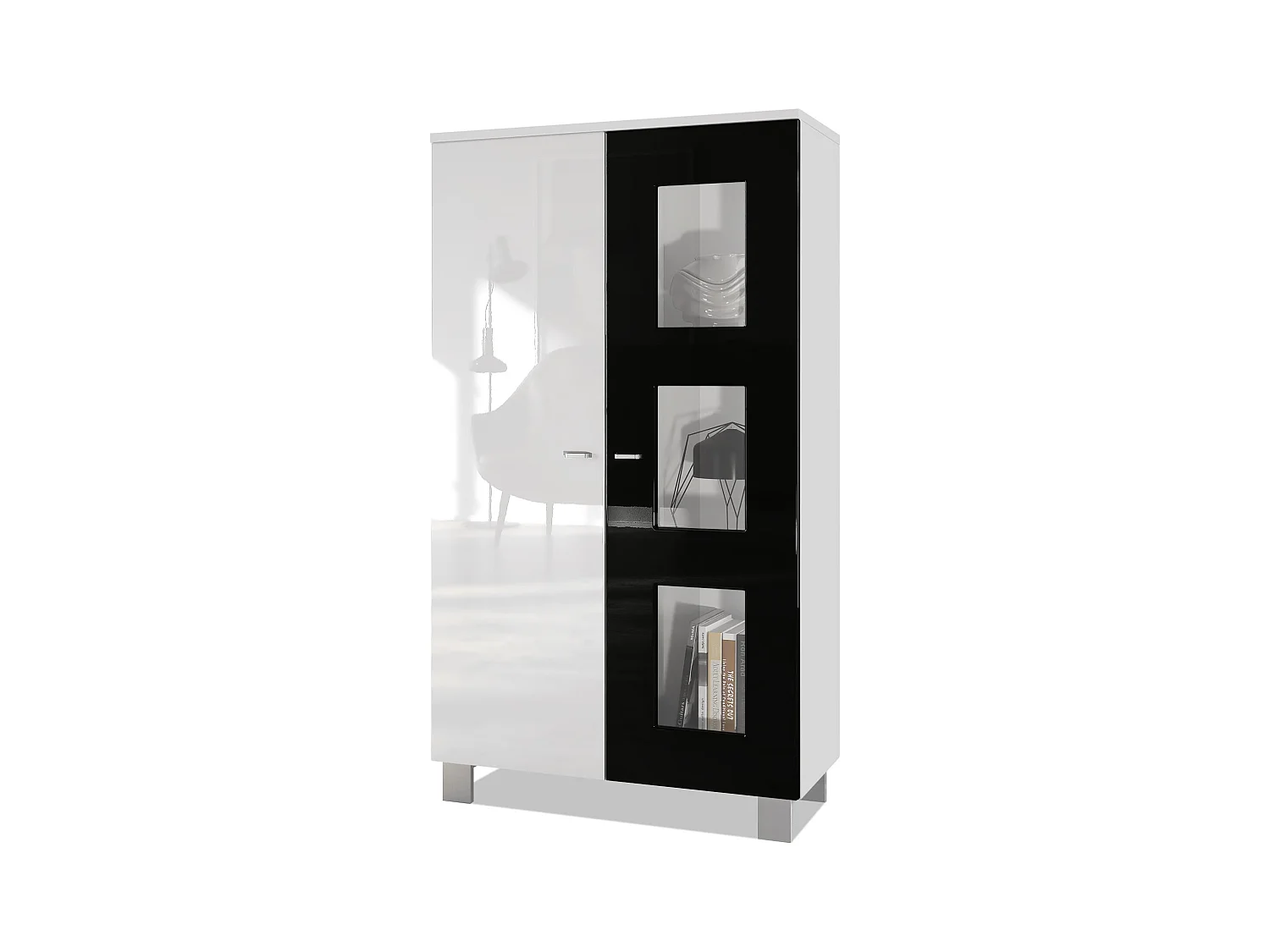 Vitrine de salon Denjo, Vitrine sur pied avec 2 portes et 3 vitres, Blanc mat/Blanc haute brillance/Noir haute brillance (71 x 129 x 35 cm)