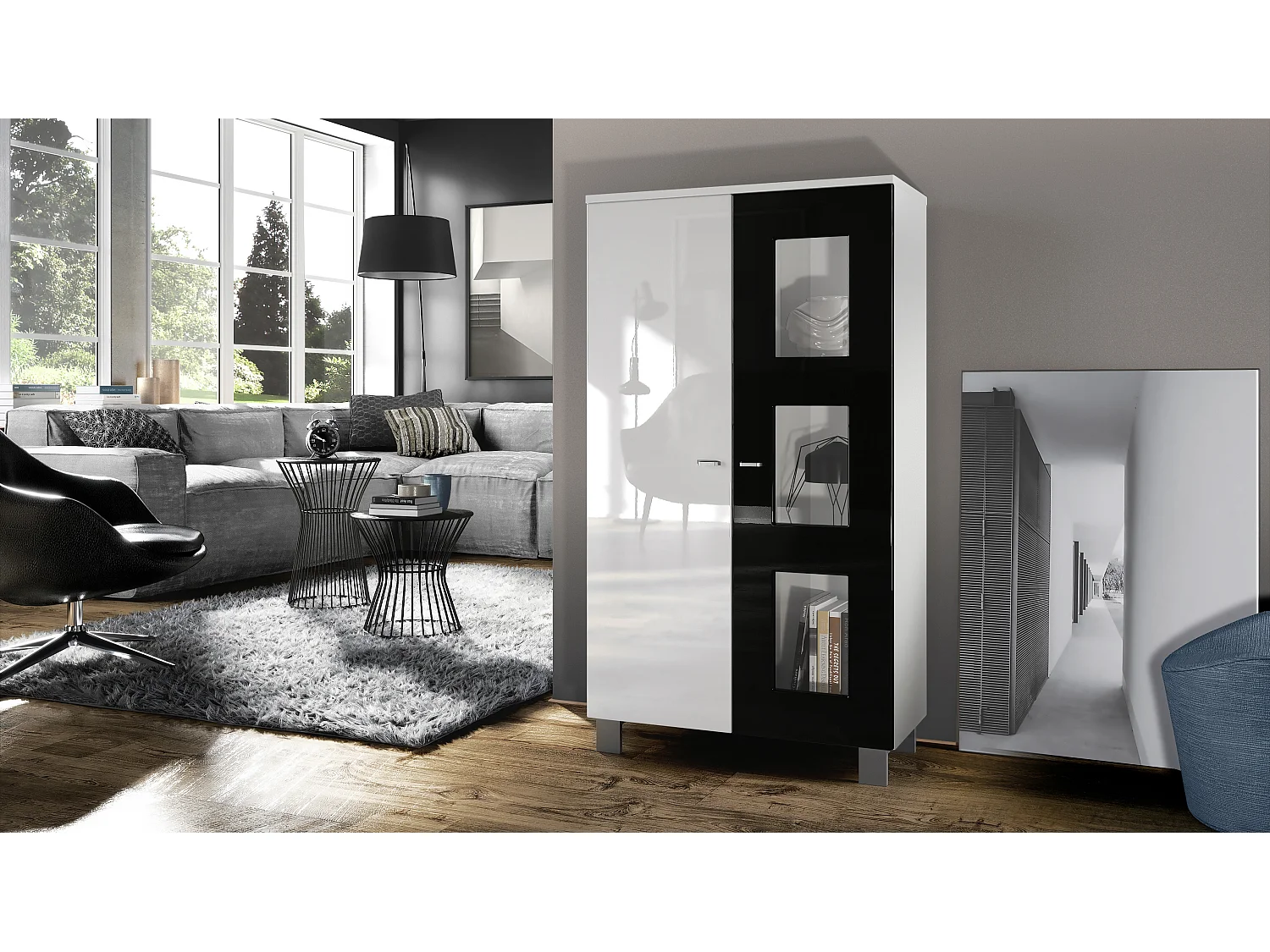 Vetrina  Denjo, vetrina indipendente con 2 ante e 3 pannelli in vetro, bianco opaco/bianco lucido/nero lucido