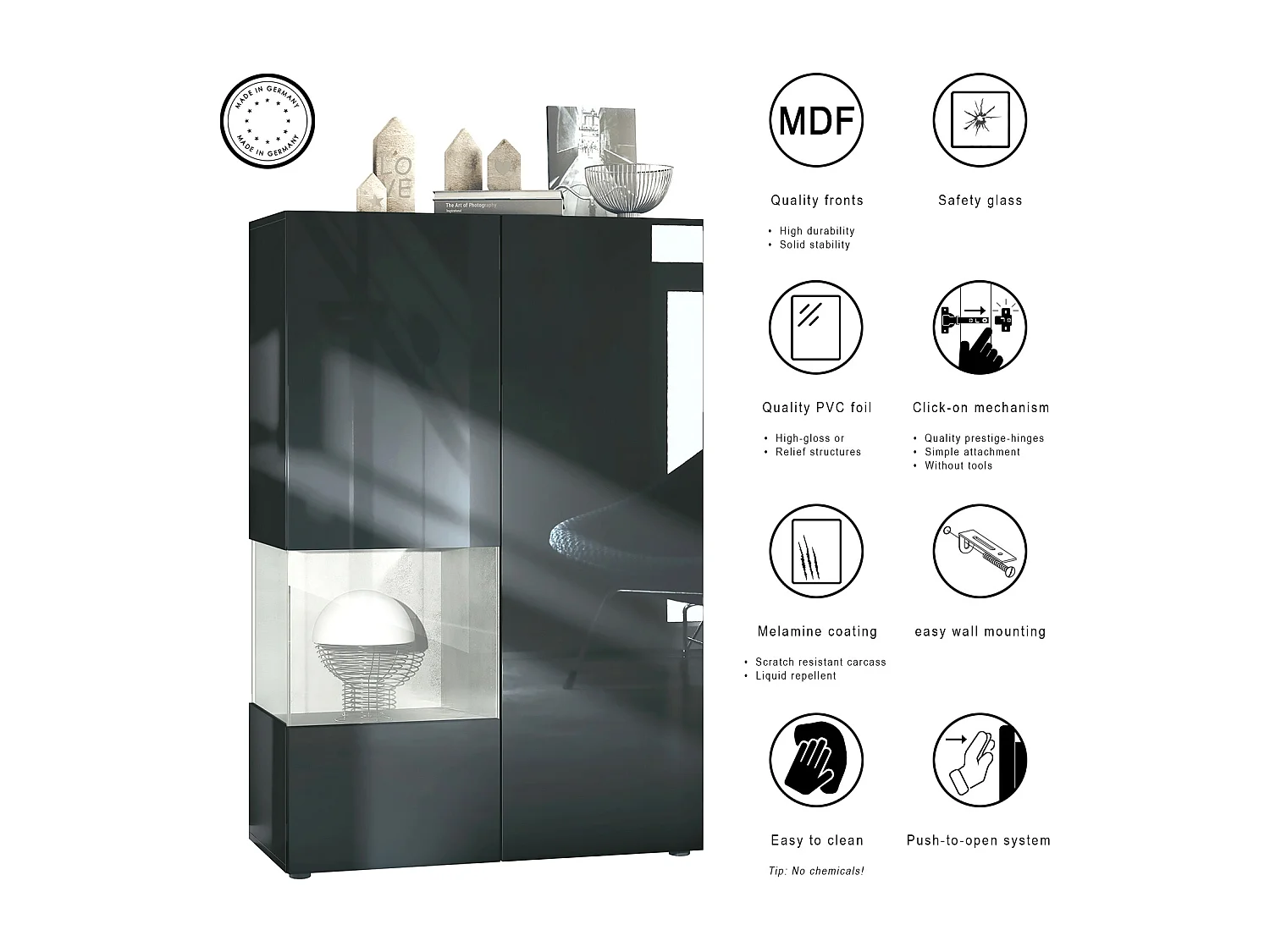 Vitrine Morena V2, vitrine sur pied avec 2 portes et insert en verre, corps noir mat, façades noir brillant, Cube mûre brillant avec éclairage LED blanc