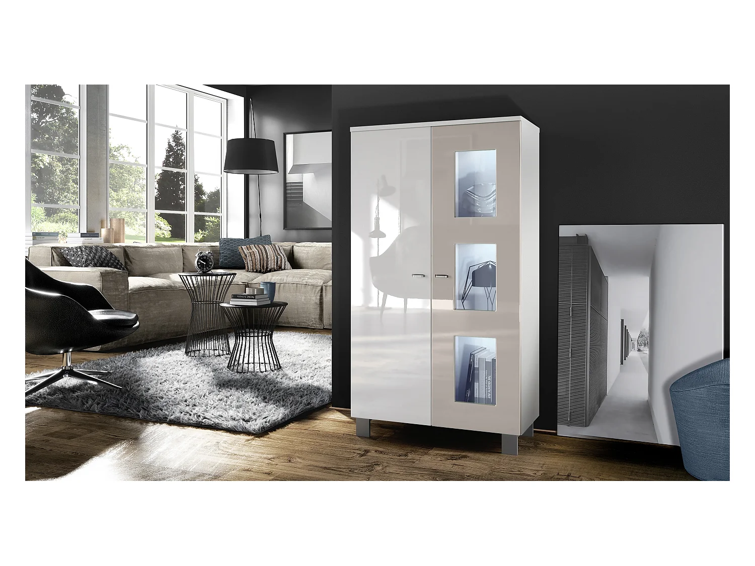Vitrine de salon Denjo, Vitrine sur pied avec 2 portes et 3 vitres, Blanc mat/Blanc brillant/Gris sable brillant, éclairage LED inclus (71 x 129 x 35 cm)