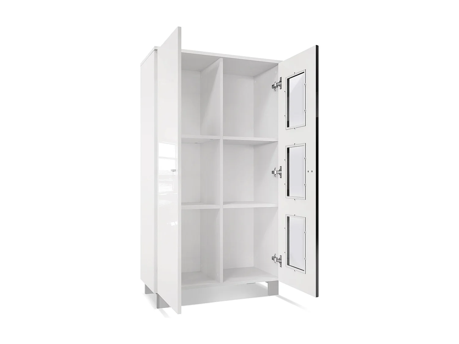 Vetrina  Denjo, vetrina indipendente con 2 ante e 3 pannelli in vetro, bianco opaco/bianco lucido/grigio sabbia lucido, illuminazione a LED inclusa.