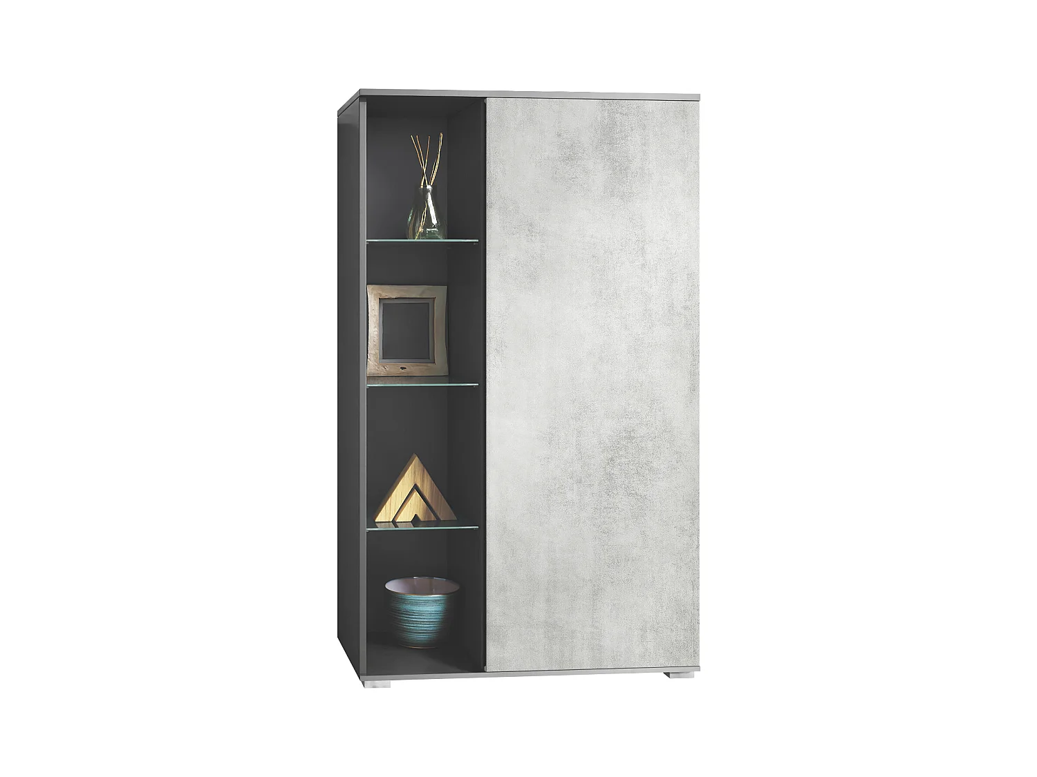 Vitrine Davos, vitrine sur pied avec 3 étagères en verre et 8 compartiments, anthracite mat/aspect béton oxyde  (71,5 x 134 x 35 cm)