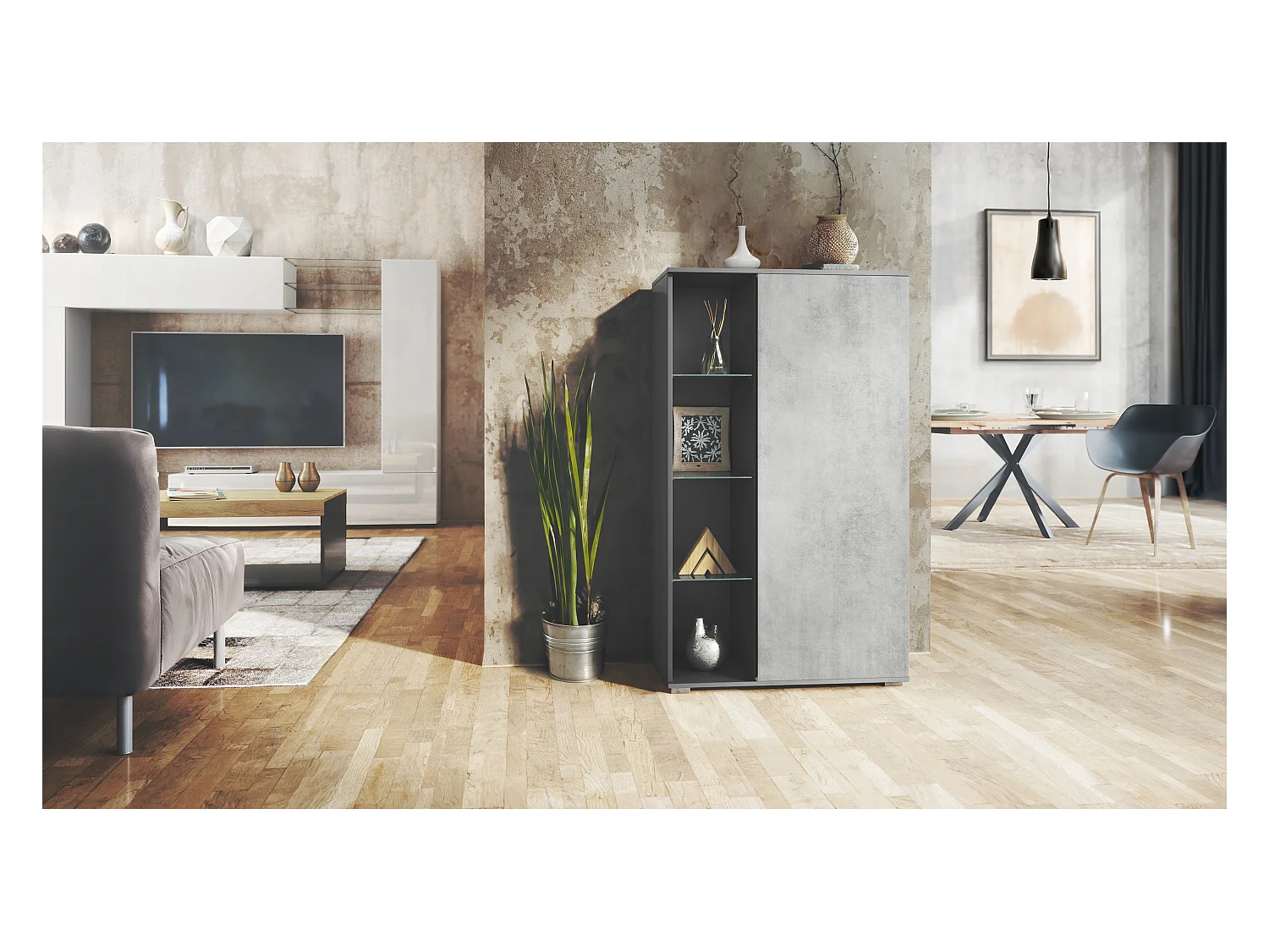 Vitrine Davos, vitrine sur pied avec 3 étagères en verre et 8 compartiments, anthracite mat/aspect béton oxyde  (71,5 x 134 x 35 cm)