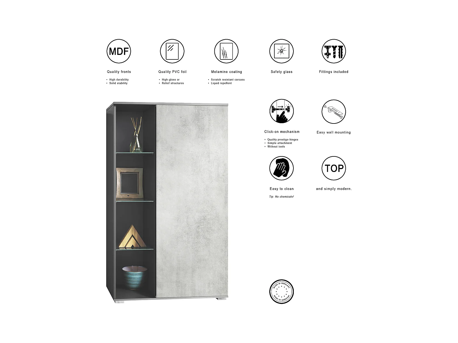 Vitrine Davos, vitrine sur pied avec 3 étagères en verre et 8 compartiments, anthracite mat/aspect béton oxyde  (71,5 x 134 x 35 cm)