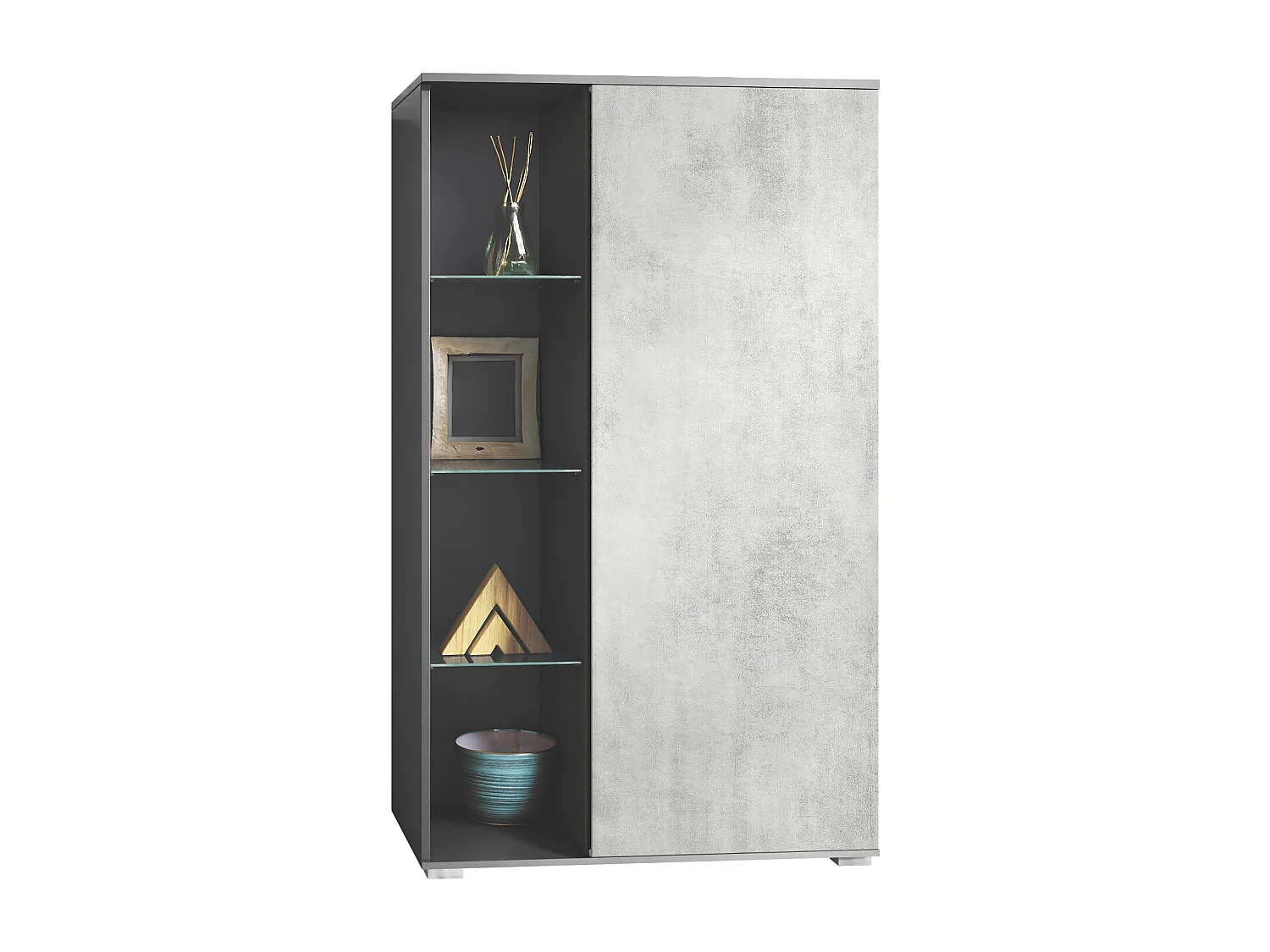 Vetrina Davos, vetrina indipendente con 3 ripiani in vetro e 8 vani, antracite opaco /ottica cermento ossido  (71,5 x 134 x 35 cm)