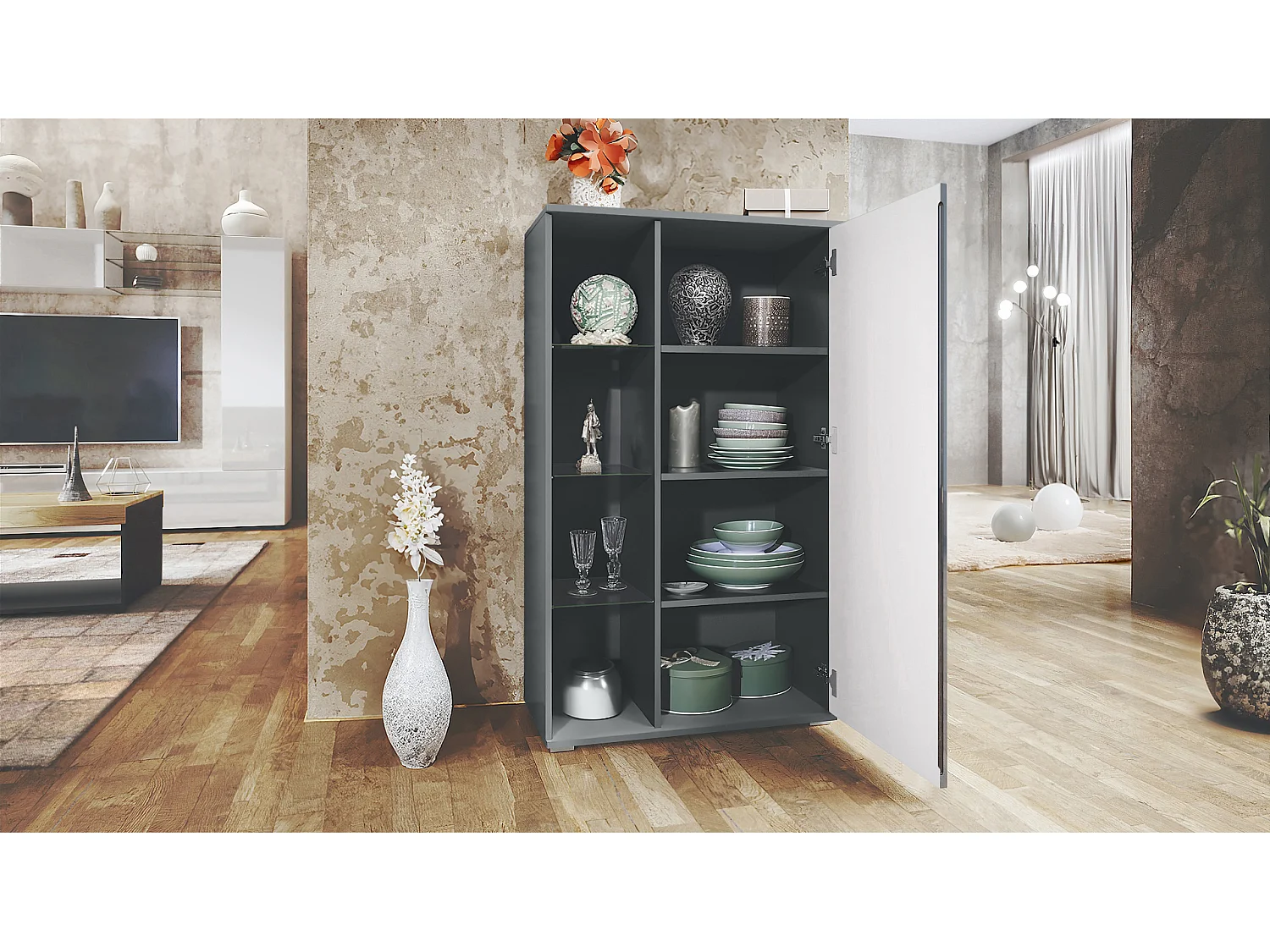 Vetrina Davos, vetrina indipendente con 3 ripiani in vetro e 8 vani, antracite opaco /ottica cermento ossido  (71,5 x 134 x 35 cm)