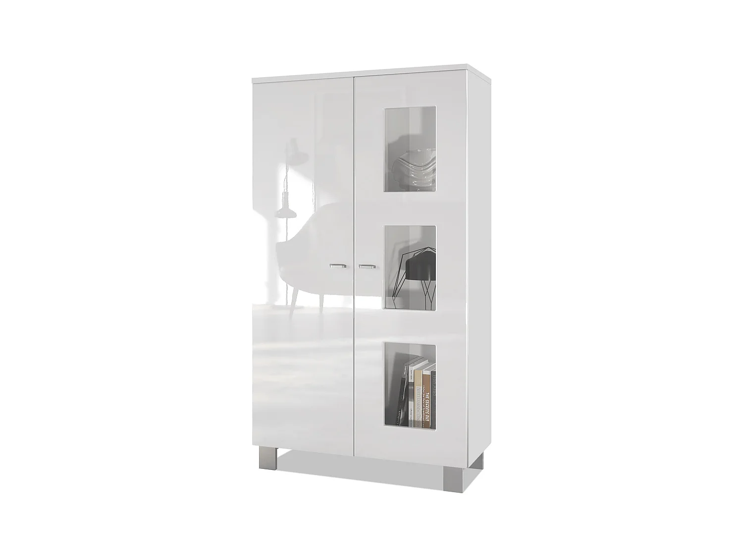 Vitrine de salon Denjo, Vitrine sur pied avec 2 portes et 3 vitres, Blanc mat/Blanc haute brillance (71 x 129 x 35 cm)