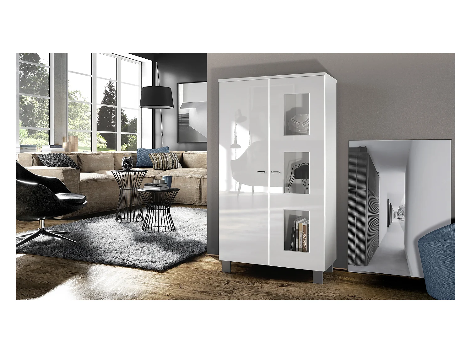 Vitrine de salon Denjo, Vitrine sur pied avec 2 portes et 3 vitres, Blanc mat/Blanc haute brillance (71 x 129 x 35 cm)