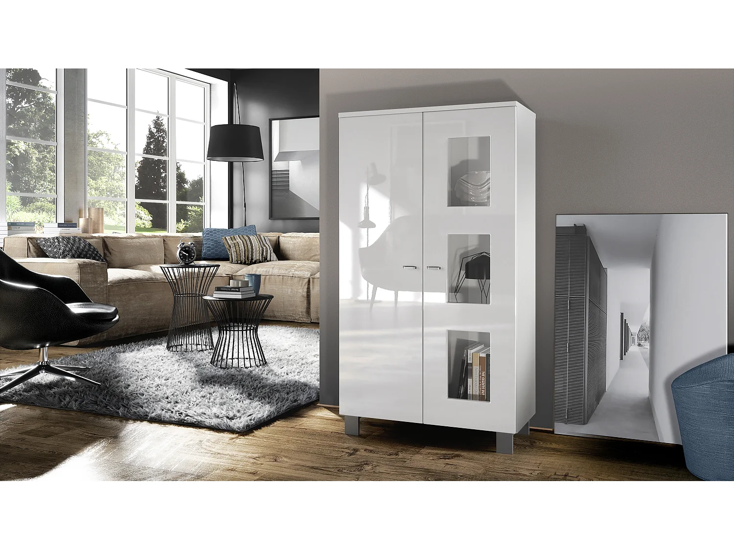 Vetrina  Denjo, vetrina indipendente con 2 ante e 3 pannelli in vetro, bianco opaco/bianco lucido