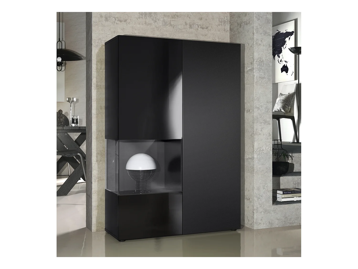 Vitrine Armoire Morena, Corps en Noir mat / Porte droite et insert en Noir mat