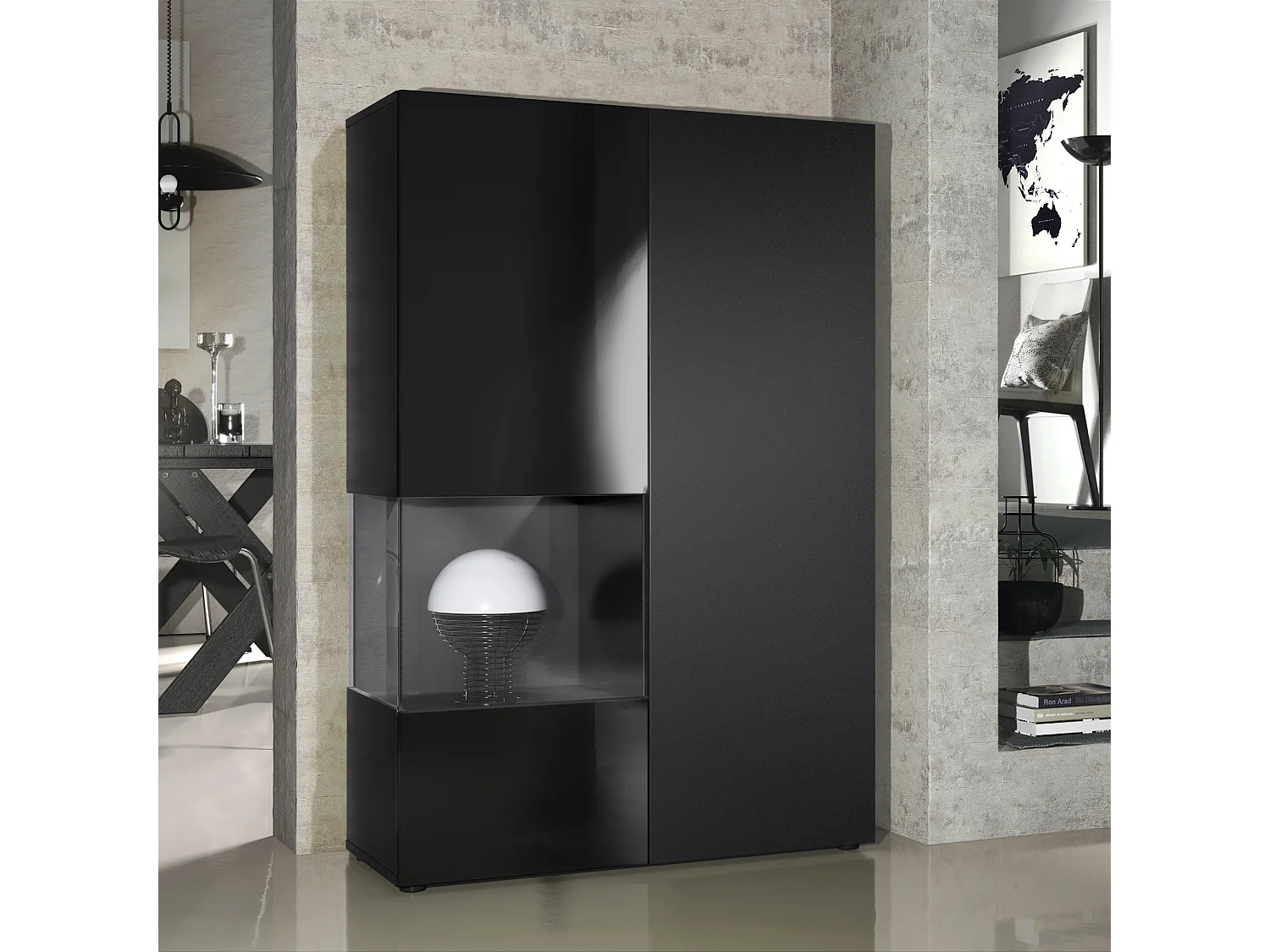 Armadio espositivo alto Morena, Struttura in nero opaco / Anta destra e inserto in nero opaco