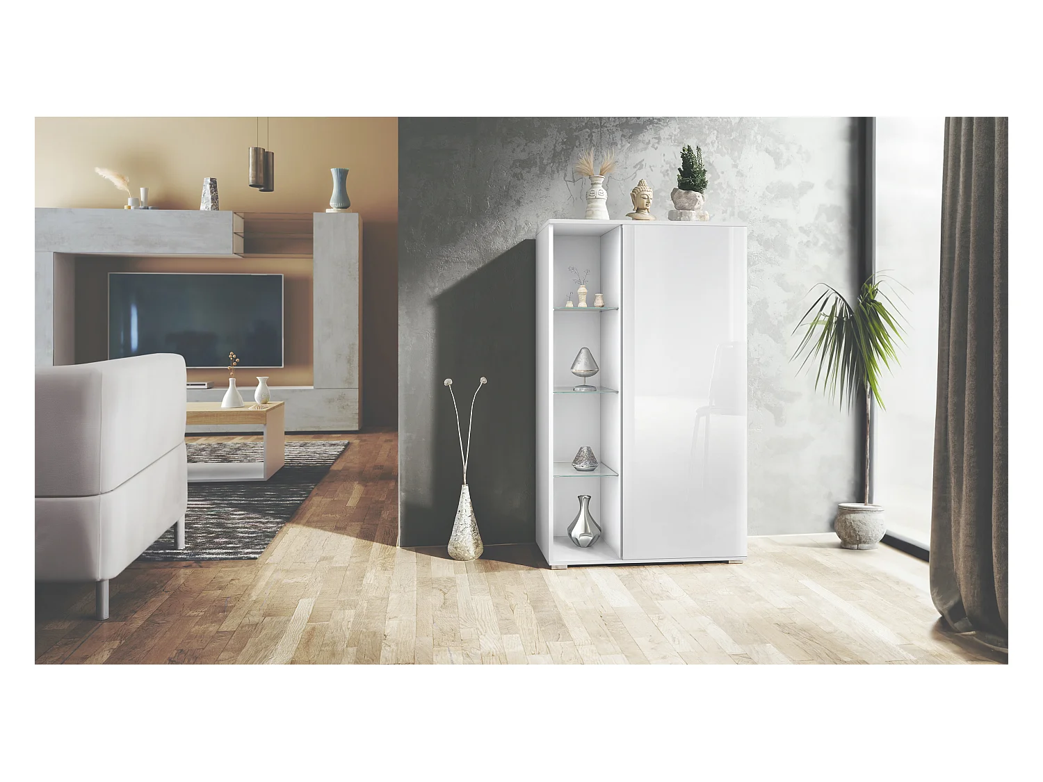 Vetrina Davos, vetrina indipendente con 3 ripiani in vetro e 8 vani, bianco opaco/bianco lucido  (71,5 x 134 x 35 cm)