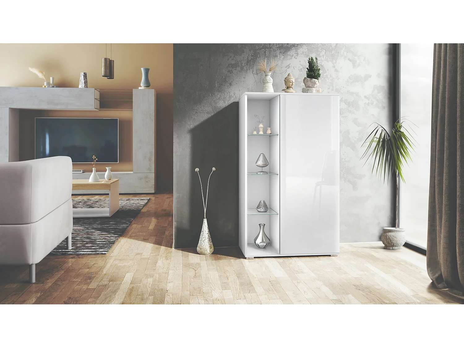 Vetrina Davos, vetrina indipendente con 3 ripiani in vetro e 8 vani, bianco opaco/bianco lucido  (71,5 x 134 x 35 cm)