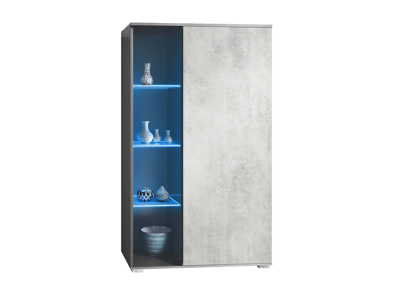Vitrine Davos, vitrine sur pied avec 3 étagères en verre et 8 compartiments y compris LED, anthracite mat/aspect béton oxyde  (71,5 x 134 x 35 cm)