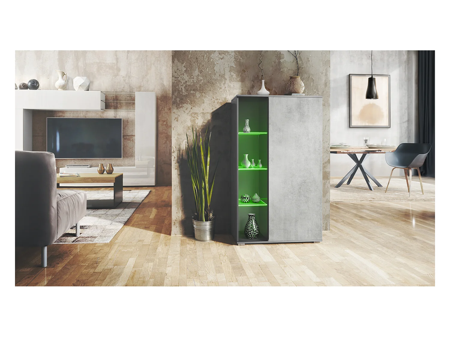 Vitrine Davos, vitrine sur pied avec 3 étagères en verre et 8 compartiments y compris LED, anthracite mat/aspect béton oxyde  (71,5 x 134 x 35 cm)