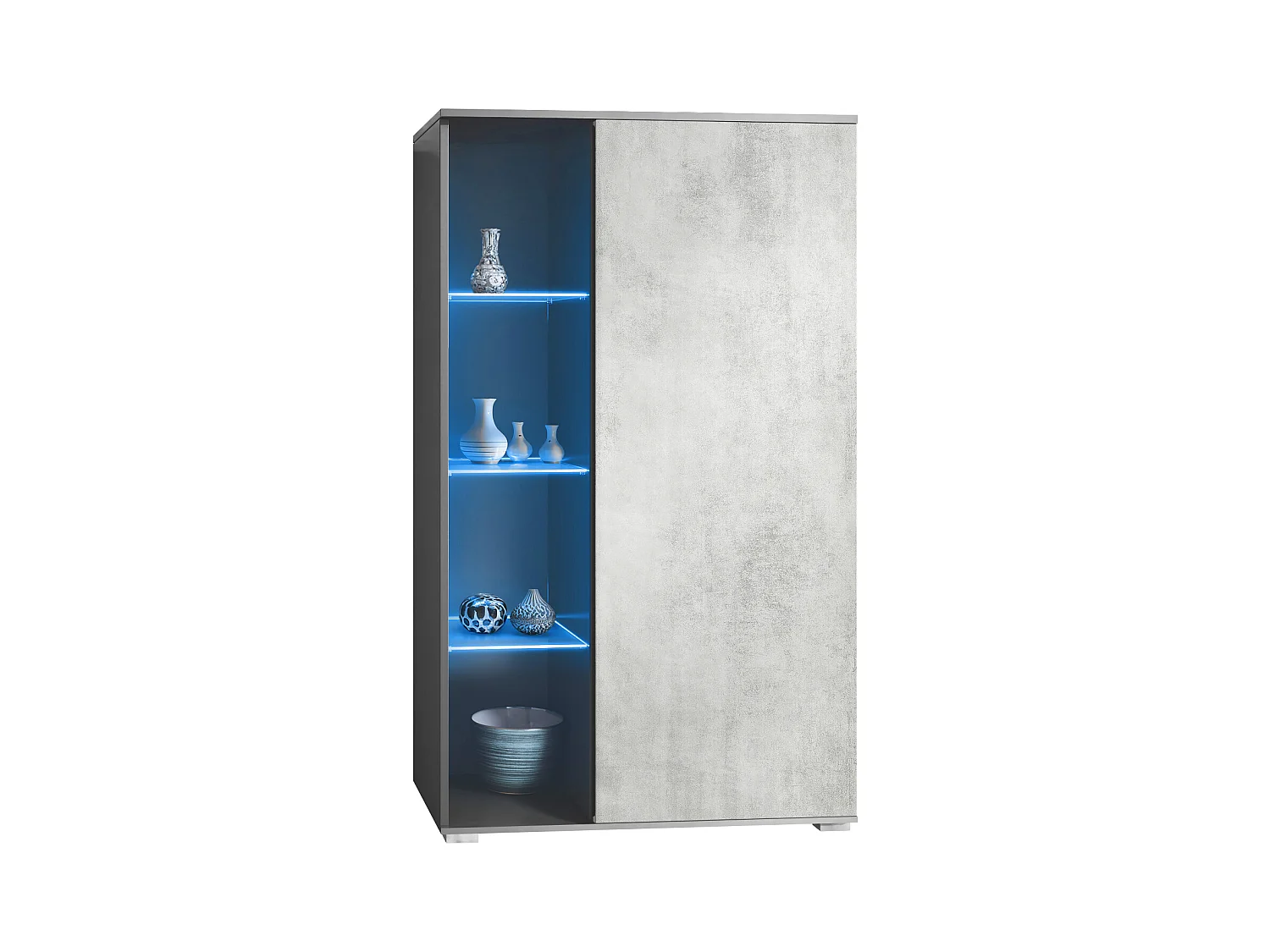 Vitrina Davos, vitrina independiente con 3 estantes de cristal y 8 compartimentos incl. LED, antracita mate/hormigón oxidado  (71,5 x 134 x 35 cm)